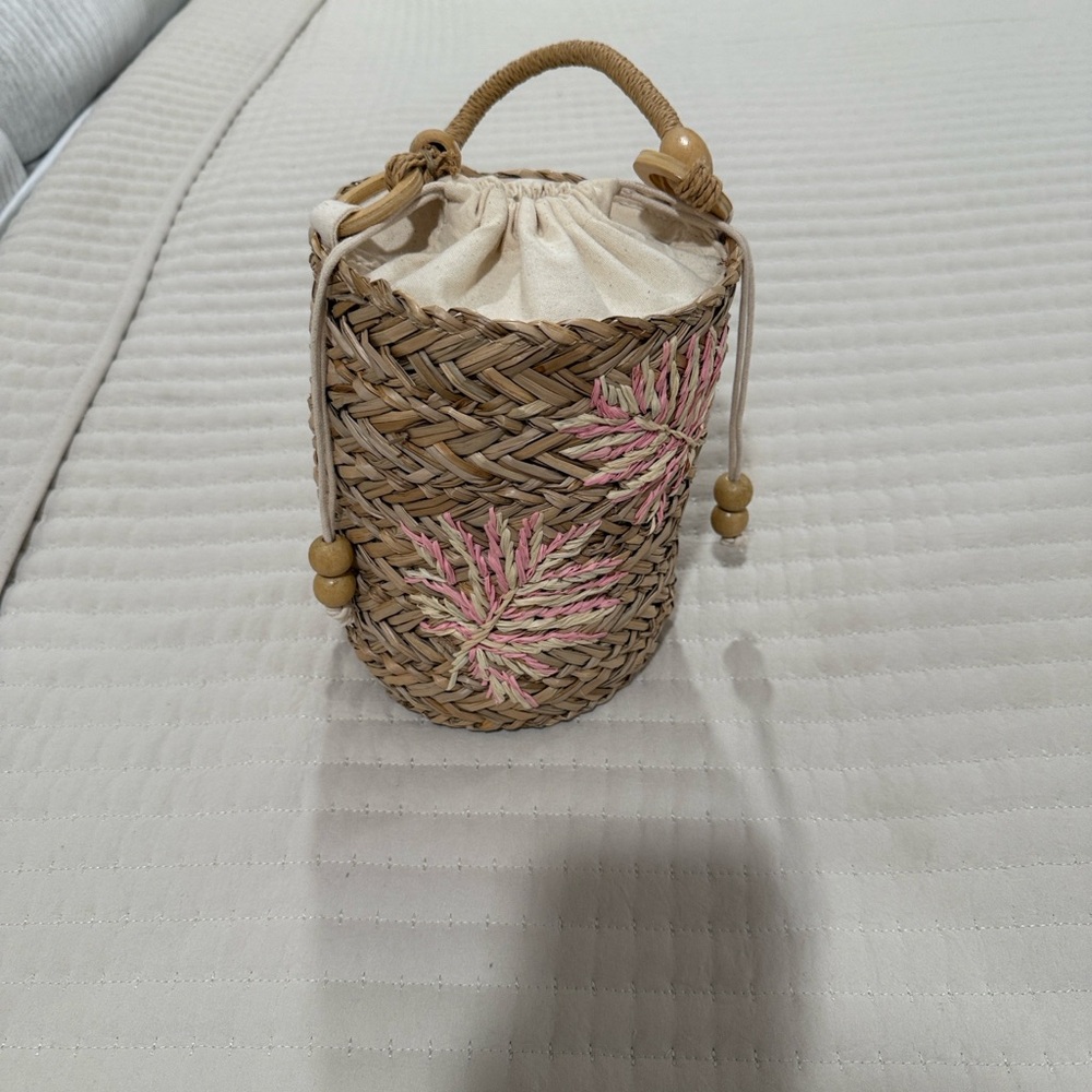 Pink and Tan Woven Bucket Bag